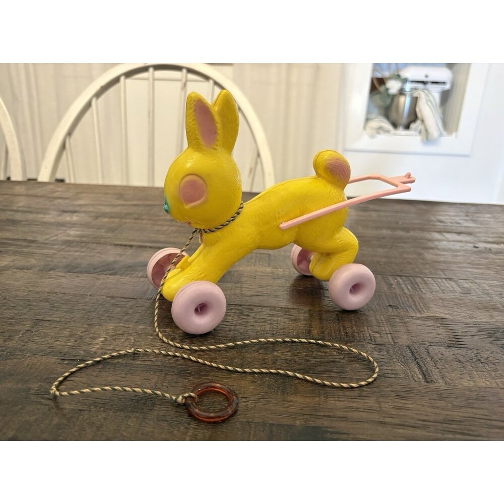 Vintage Empire Plastic Blow Mold Easter Bunny Rabbit On Wheels Pull Toy